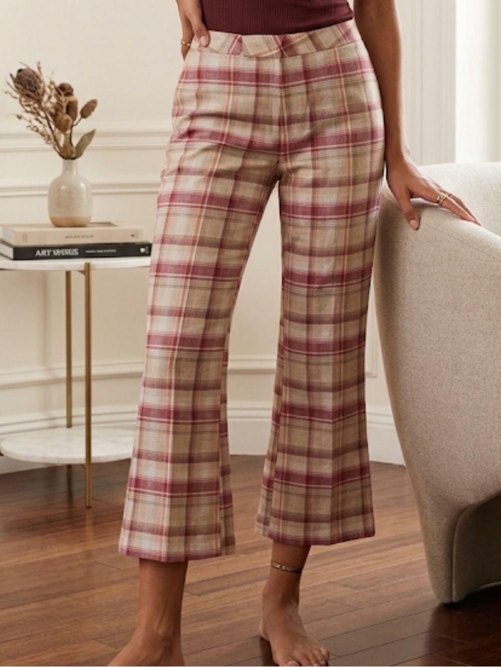 NWT Old navy plaid cotton stretch Plaid Wide-Leg High-Rise Pants 6 fits 2